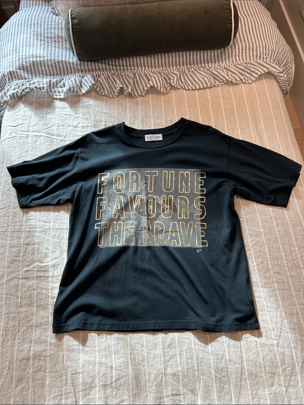 Black Short-Sleeve Graphic Tee with Gold Foil Text